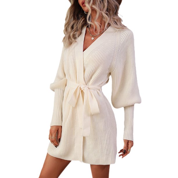 VISgogo Abrigo de punto para mujer, manga larga, cuello en V, color sólido, otoño, primavera, calle, casual, abrigo + cintura VISgogo moda