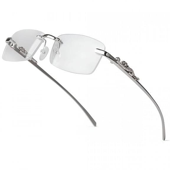 GJX Small Narrow Rimless Square Silver Metal Wire Frames Unisex Trendy 90’S Hip Hop Retro Luxury Leopard Arms Frameless Glasses Rectangle Designer Clear Lens Eye Glasses for Men and Women