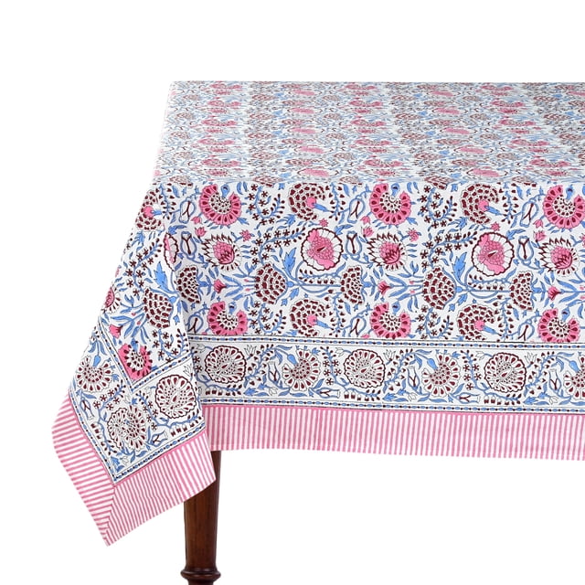 Mantel Ridhi, color azul con estampado de bloques a mano, de algodón, 229 x 152 cm