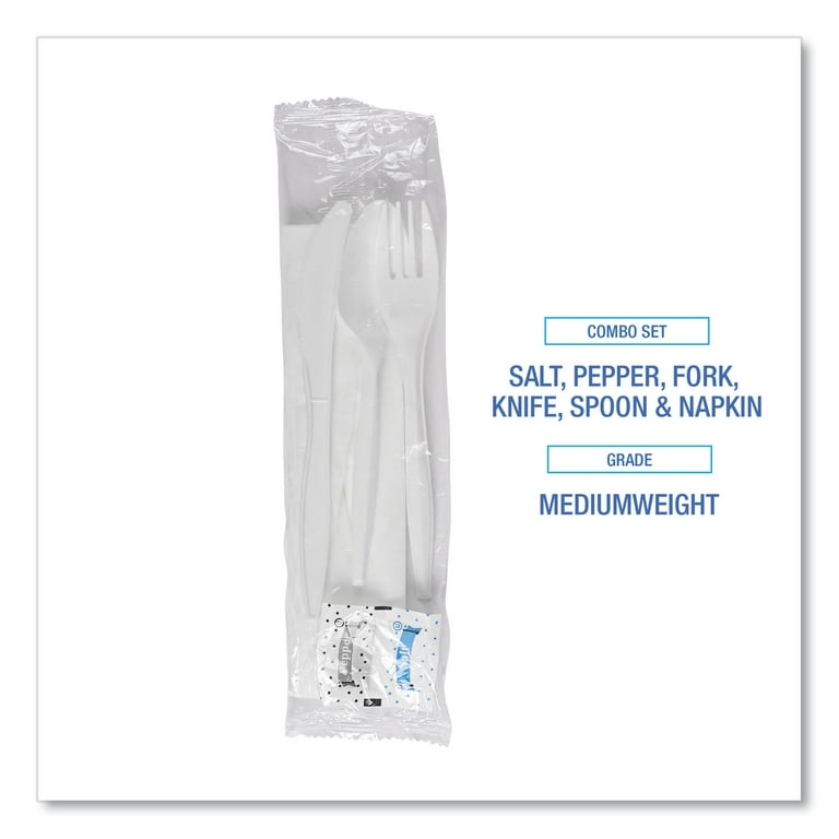 Mediumweight Cutlery Kit, Plastic Fork/Spoon/Knife/Salt/Pep/Napkin, White, 250/Carton Mediumweight Cutlery Kit, Plastic Fork/Spoon/Knife/Salt/Pep/Napkin, White, 250/Carton