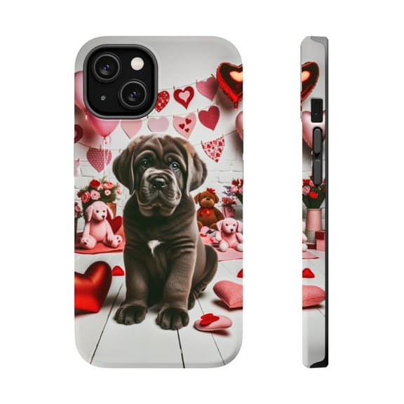 DistinctInk Tough Case for Apple iPhone 13 (6.1" Screen), Compatible with MagSafe Charging - Valentine's Day Neapolitan Mastiff Puppy