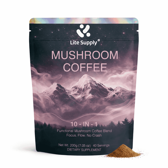 Lite Supply Organic Instant 9 in 1 Mushroom Coffee Powder, 200g Premium Arabica Coffee with Lion’s Mane, Chaga, Reishi & More