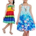 thumbnail image 2 of Girls Bohemian Dresses Rainbow Sleeveless Floral Beach Sundress Dresses with Necklace 2-10T, 2 of 7
