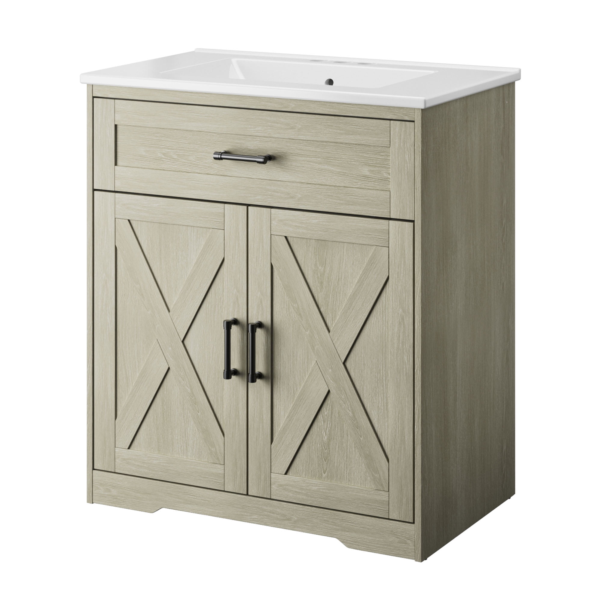 30 Inch Bathroom Vanity with Ceramic Sink, Freestanding Bathroom Sink Cabinet with Fluted Doors, 2 Doors and 1 Drawer, Adjustable Shelf, Farmhouse Bathroom Storage Combo, Grey