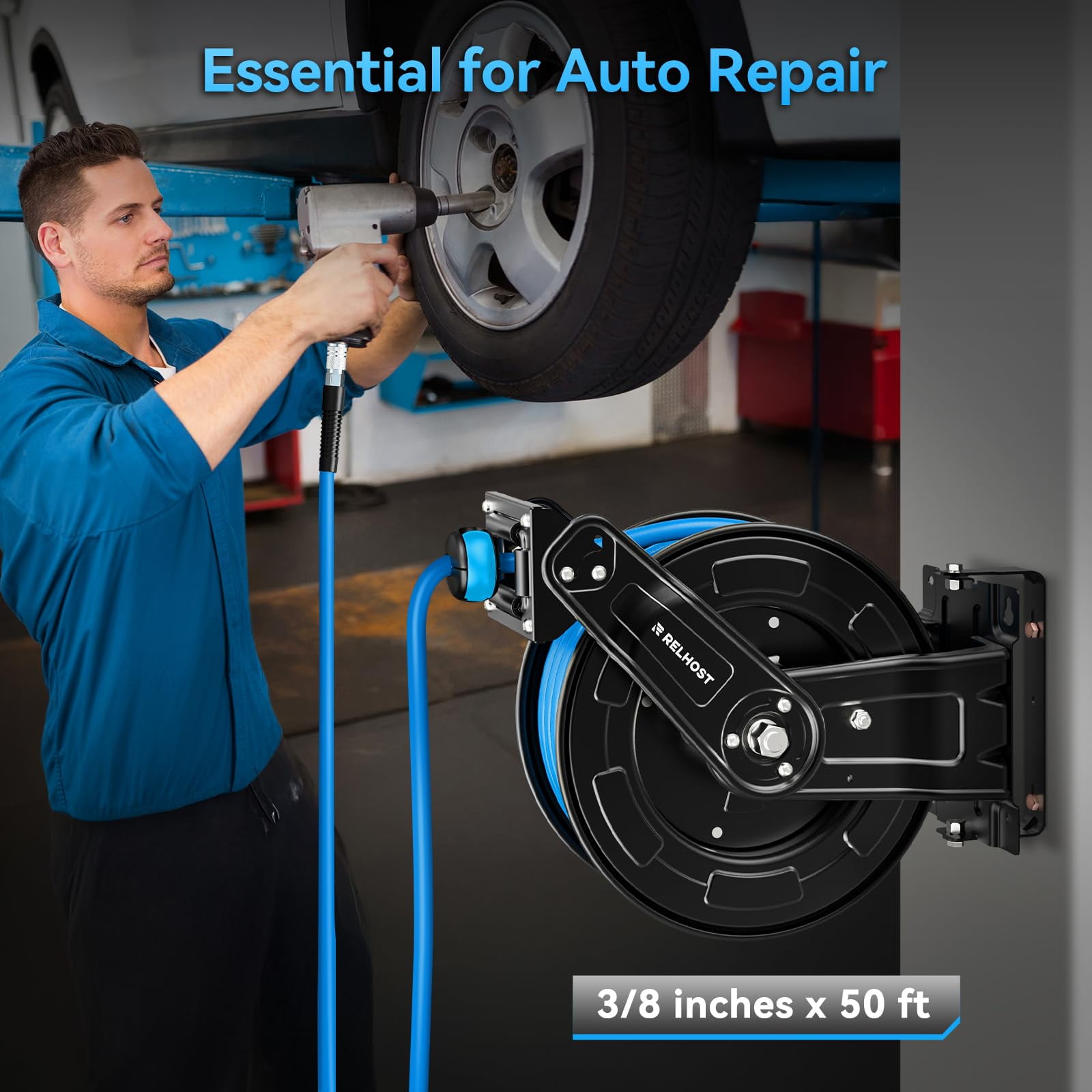 Relhost Retractable Air Hose Reel, 50 ft x 3/8 in Hybrid Air Hose Max 300PSI, Heavy Duty Air Compressor Hose Reel with Dual Arms, Auto Rewind, 180° Swivel Ceiling/Wall Mount for Garages, Workshops