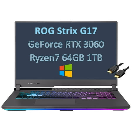 ASUS ROG Strix G17 Gaming Laptop, 17.3" FHD 1080p 144Hz (AMD 8-Core Ryzen 7 4800H (Beat i7-10750H), 64GB RAM, 1TB PCIe SSD, RTX 3060) RGB Backlit, Type-C, WiFi 6, IST Computers Cable, Windows 10 Home