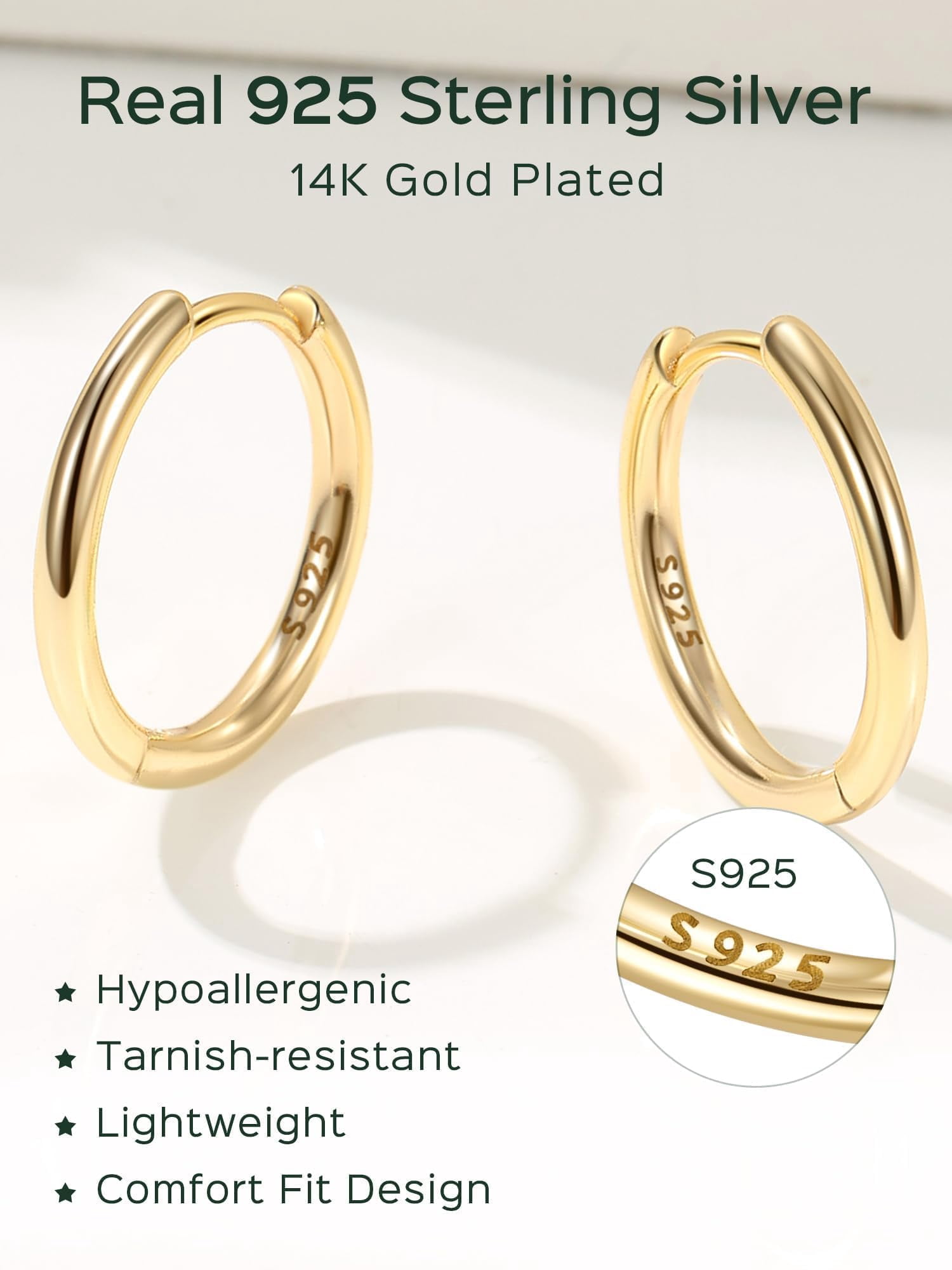 ChicSilver Small Gold Plated Hoop Earrings for Women 14k Gold Plated Huggie Earrings for Women Hypoallergenic Hoop Earring 12MM