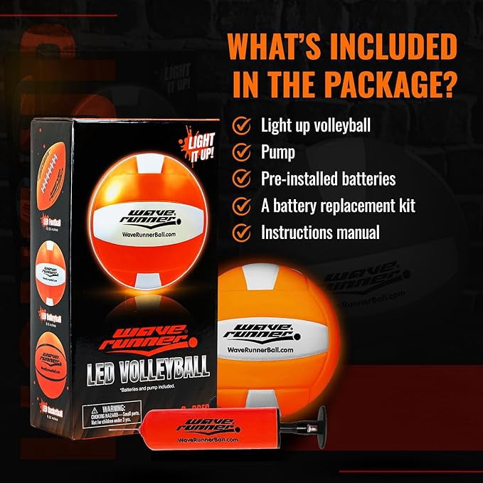 Wave Runner LED Light-Up Volleyball - Glow in The Dark, 10.35 in, Waterproof, Pump & Batteries Included, Great for Teens, Adults & Night Beach Games