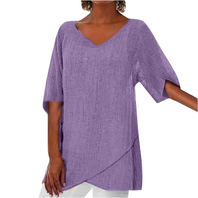 Pompotops Women Casual Lotu Sleeve V-Neck Solid Irregular Blouse Tops T-Shirt