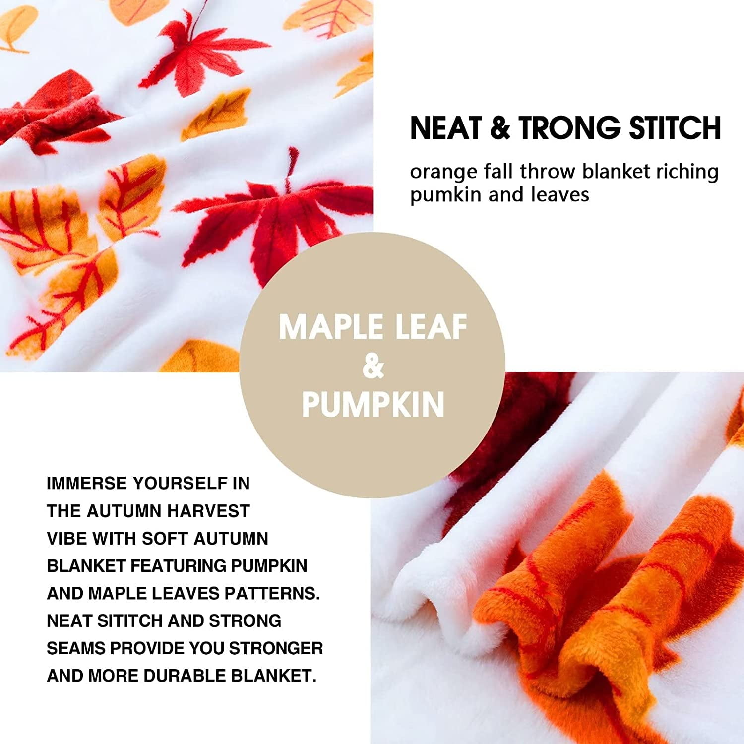 Fall Throw Blanket, Halloween Pumpkin Autumn Plush Fall Decor Fleece Fuzzy Picnic Throw Blanket for Couch Sofa Chairs, Thanksgiving Day Gift Orange Leaf Blankets and Throws for Home (50" x 60")