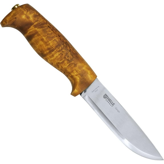 HELLE Knives - Gaupe - H3LS Fixed Blade - Curly Birch Wood Handle - Leather Sheath - Traditional Field Knife for Camping, Fishing, Hunting - Triple Laminated Stainless Steel