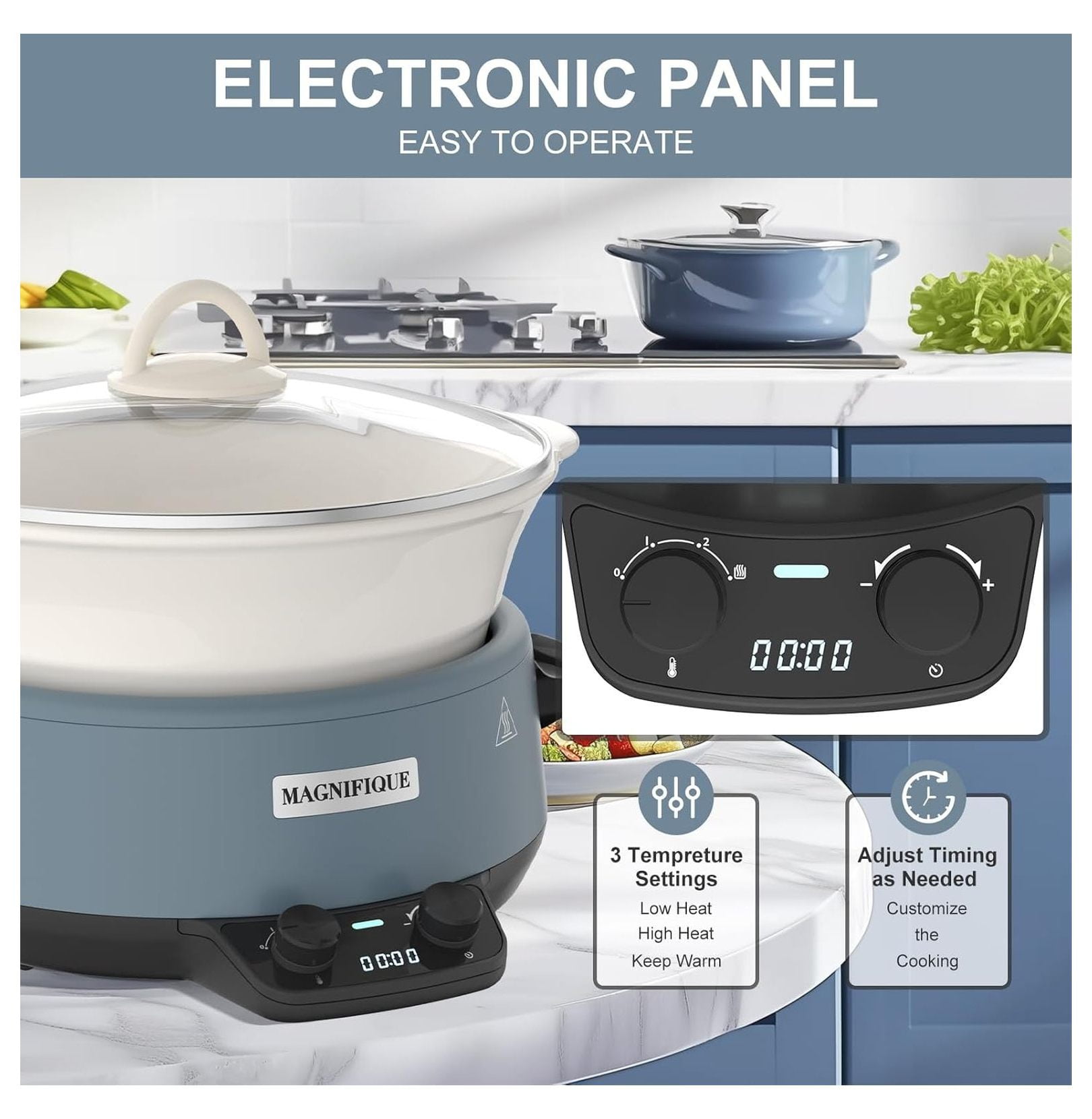 MAGNIFIQUE Small 5 Quart Round Casserole Programmable Slow Cooker with Glazed Ceramic Liner, Food Warmer Perfect Kitchen Small Appliance for Family Dinners, Blue