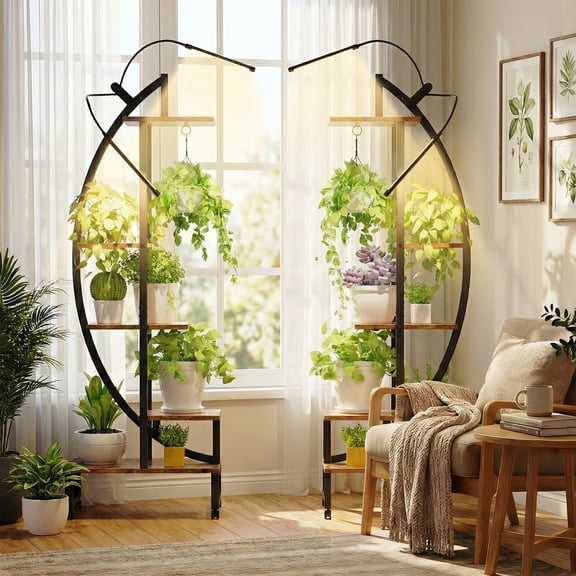 SERBASIC Plant Stand Indoor with Grow Light, 6 Tier Tall Plant Shelf with Locking Wheels, Half Moon Curved Ladder Flower Pot Stand Large Metal Plant Rack for Living Room Patio, 2 Pack (65" Tall)