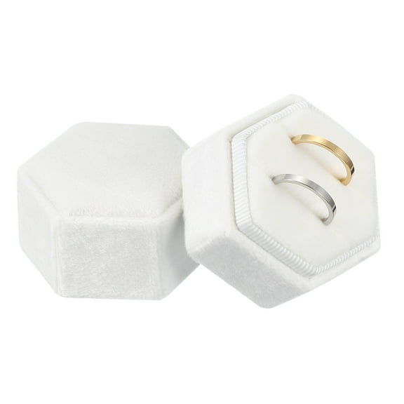 Uxcell Velvet Ring Box, Hexagonal Ring Box Storage 2 Slots Ring Holder Box for Proposal, Engagement, Wedding Ceremony (White)