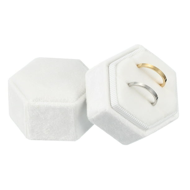 Caja de anillo de terciopelo Uxcell, caja hexagonal de almacenamiento para anillos con 2 compartimentos, soporte para anillos para propuesta, compromiso, ceremonia de boda (blanco)