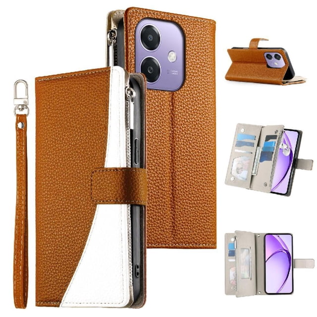 Funda cartera GANGXUN para OPPO A40 5G , cuero PU con tarjetero, cremallera, correa de mano, soporte y protección 380°