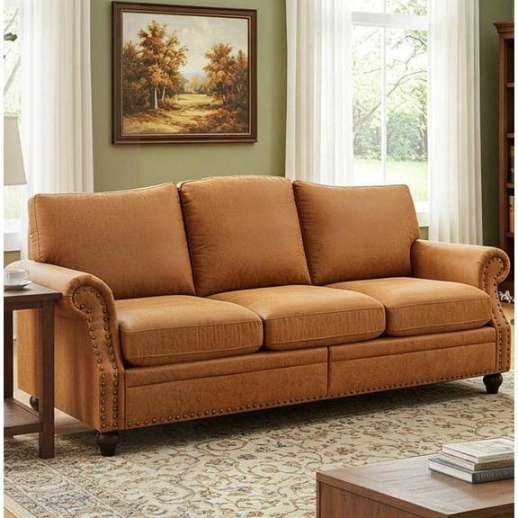 IINNOV ZBOM 85" W Faux Leather Sofa, Mid-Century Modern 3 Seater Couch with Rolled Arms and Nailhead Trim, Brown