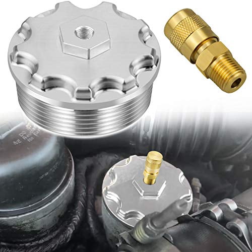 Fuel Filter Cap with Fuel Pressure Port Compatible with Ford 2003-2007 Powerstroke Diesel 6.0L F250/ F350/ F450/ F550/ F650/ F750 Aluminum, Silver Fuel Filter Cap with Fuel Pressure Port Compatible with Ford 2003-2007 Powerstroke Diesel 6.0L F250/ F350/ F450/ F550/ F650/ F750 Aluminum, Silver