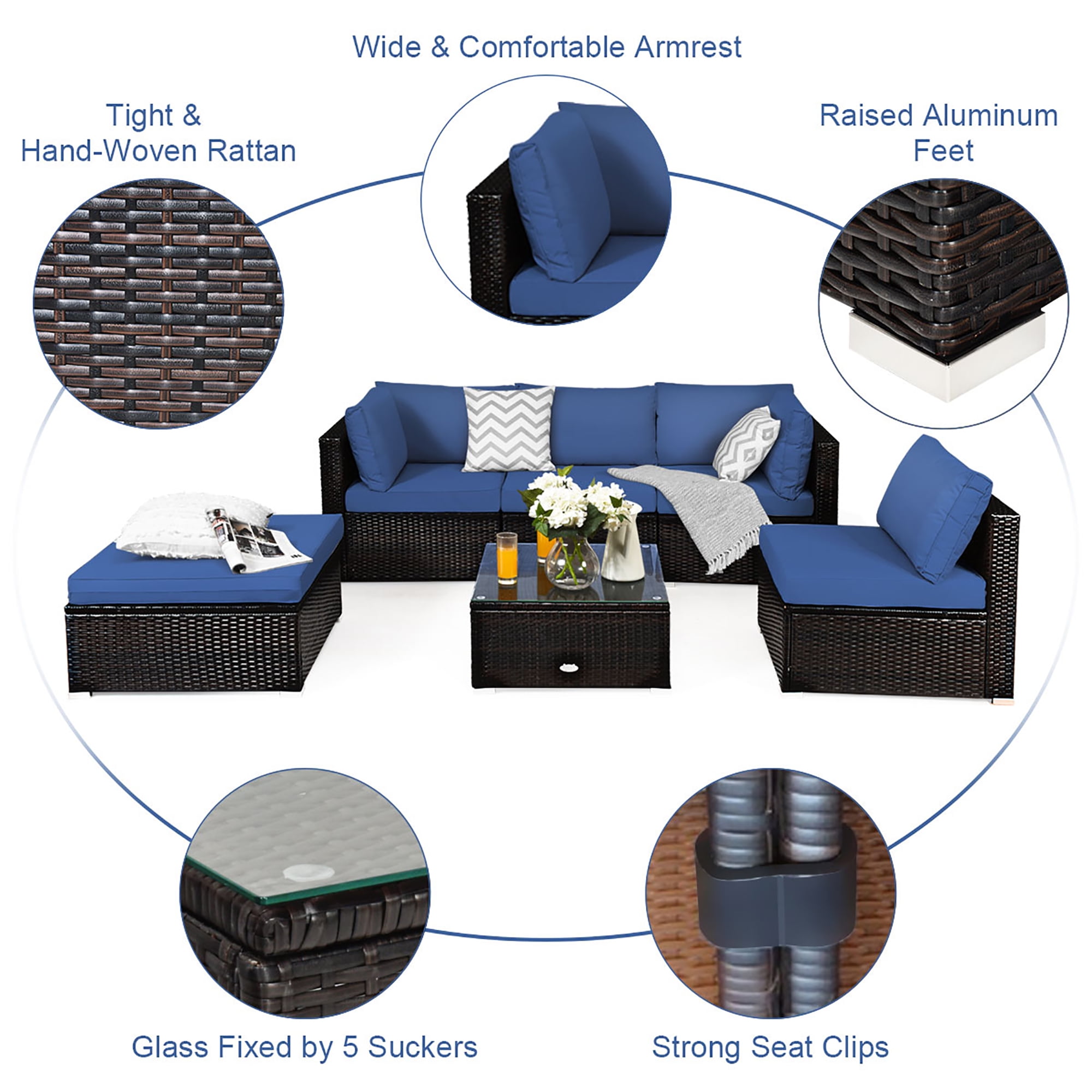 Costway 6PCS Outdoor Patio Rattan Furniture Set Cushioned Sectional Sofa Navy
