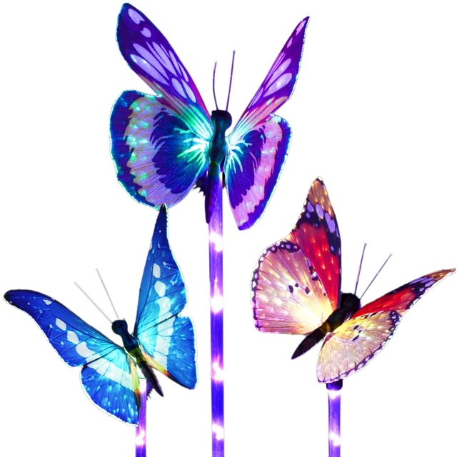 Lámpara solar de jardín con efecto perlado y cambio de color. Lámpara solar LED mariposa (3 unidades).