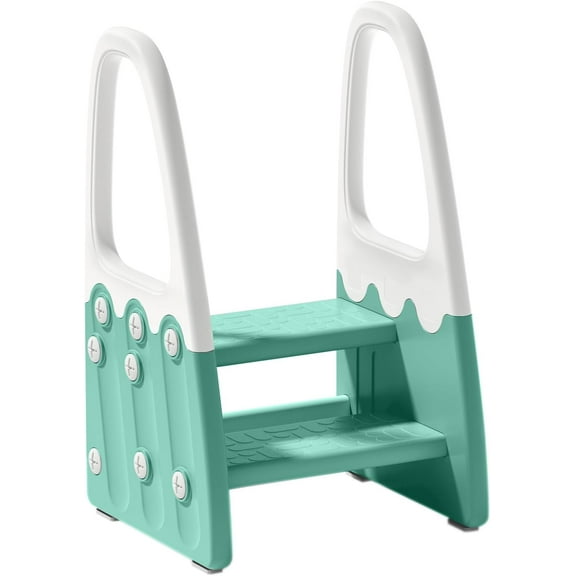 Two Step Stool with Handrails for Toddler and Kids, Standing Learning Stool Tower for Bathroom Sink, Potty Training, Children Step Up Learning Helper with Handles (Green-White)
