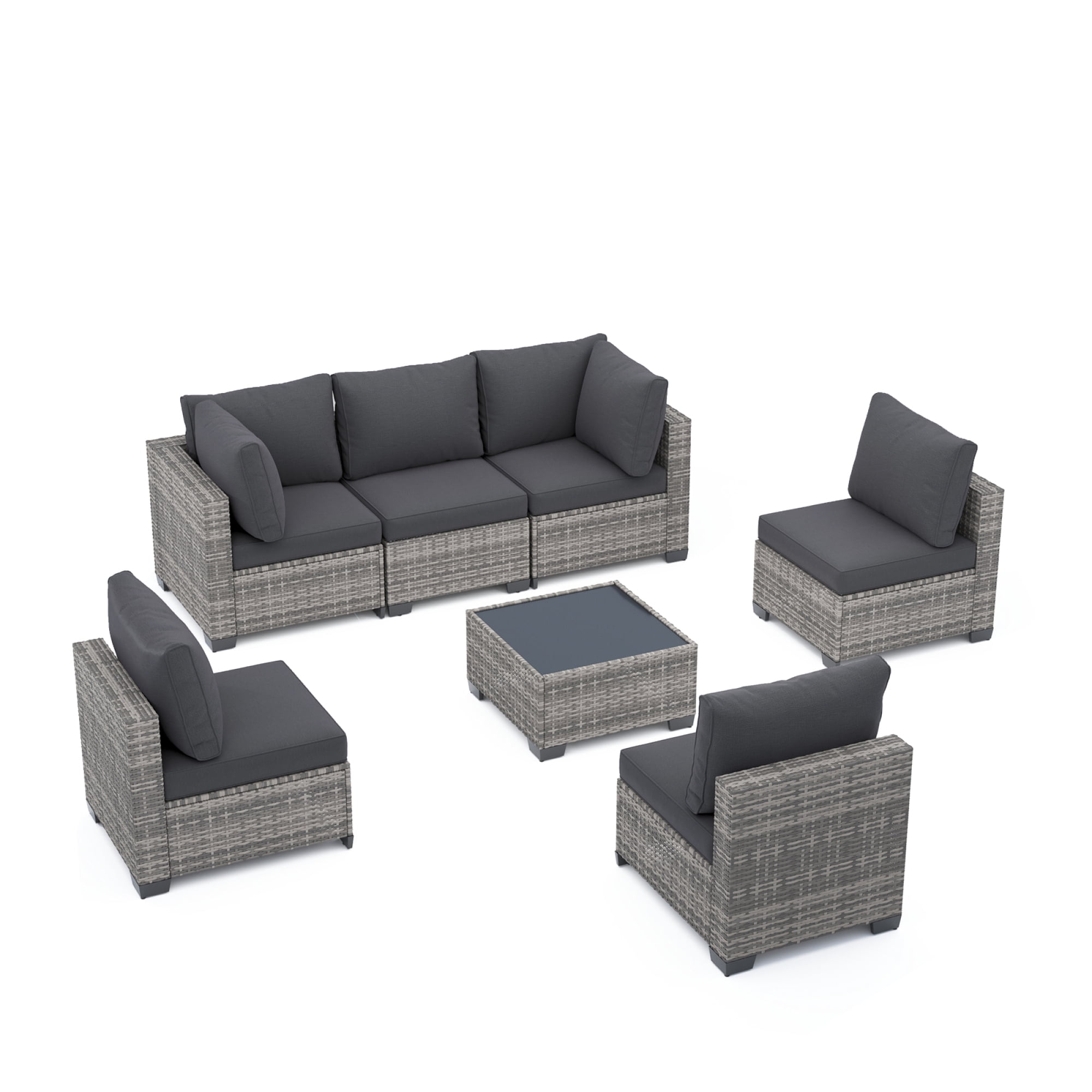 7-Piece Patio Furniture Set with Glass Coffee Table, All-Weather Wicker Rattan Outdoor Sectional Sofa with Thick Cushions, Modular Patio Conversation Set for Backyard, Poolside & Garden