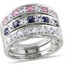 2-2/5 Carat T.G.W. Created Blue, Pink and White Sapphire Rings In Sterling Silver, Set of 3