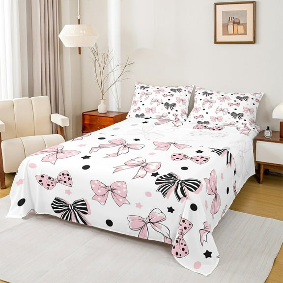 Homewish Girls Cartoon Bowknot Twin Sheet Sets 3pcs,Polka Dots Stripes Twin Fitted Sheet Microfiber,Stars Print Breathable Flat Sheet,Luxury Bedroom Decor