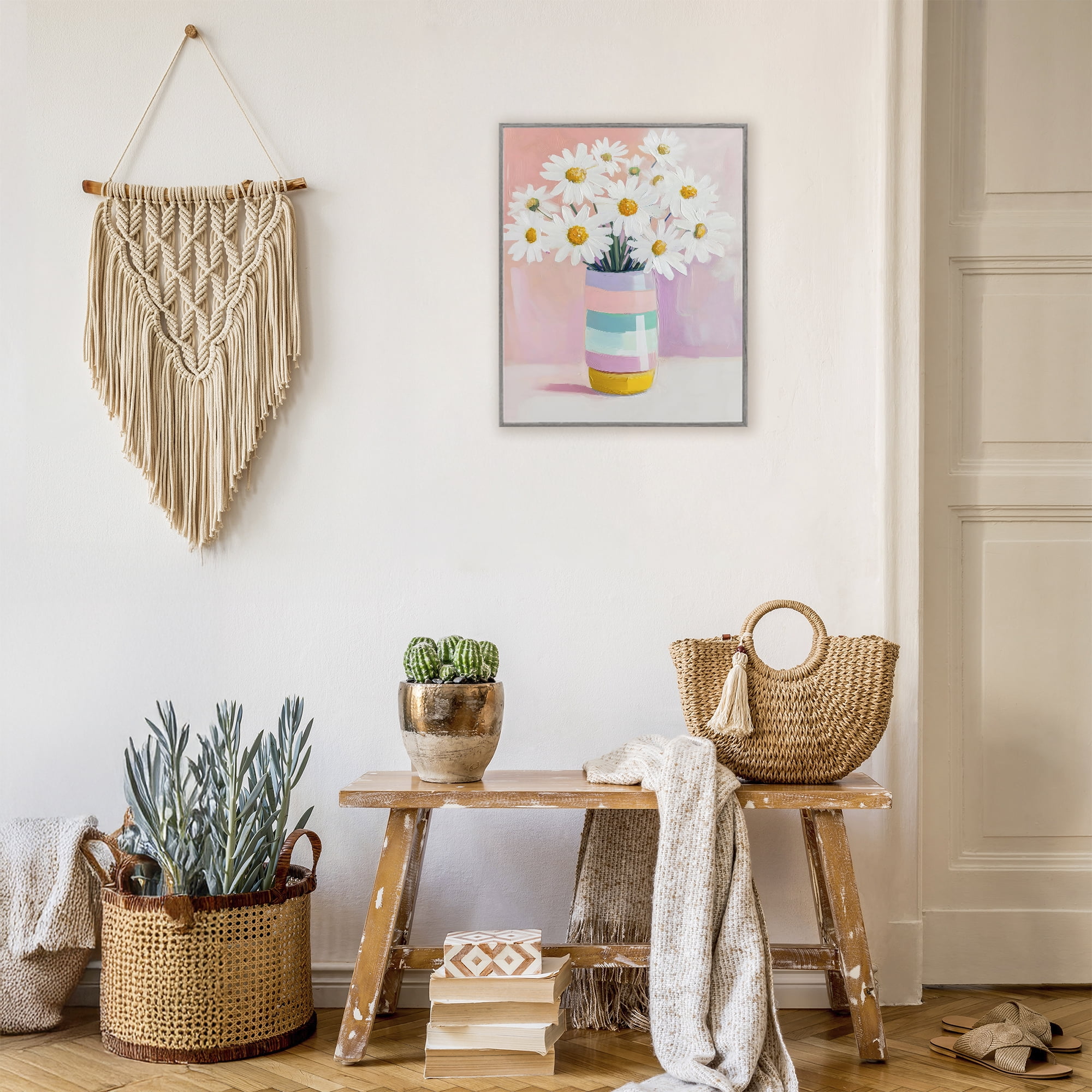 Stupell Industries Daisies in Striped Vase Gray Framed Giclee Art, design by The Prints Vibe