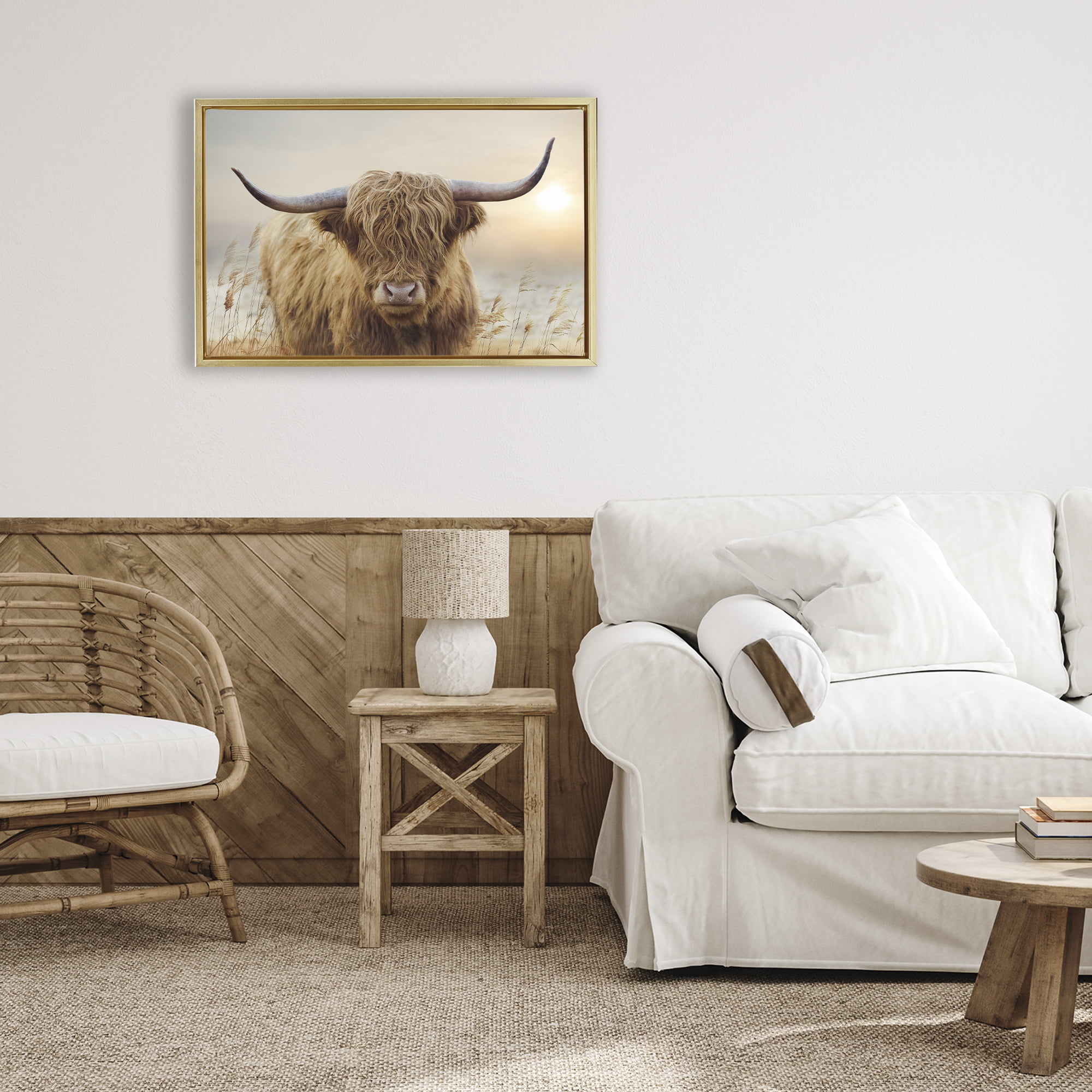 Stupell Industries Highland Cow & Warm Sunset Gold Framed Floater Canvas Wall Art, design by CAD Designs