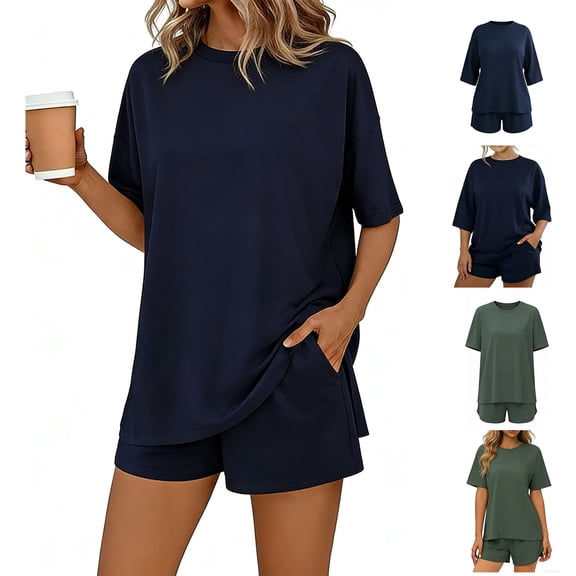 QSXADF Women's Pajama Set Tops And Shorts Set 2 Piece Lightweight Soft Short Sleeve Pajama Set Women Summer Pajamas Soft Loungewear