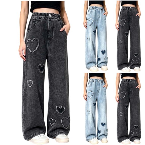 Bovxnpu Grils Jeans Denim Pants Denim Wide Leg Pants Loose High Waist Casual Trousers