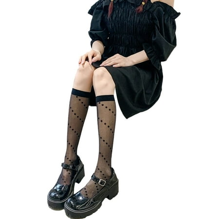 

Women Lolita Silky Knee High Socks Vintage Twill Polka Dot Mesh Calf Stockings