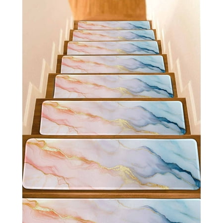 Pink Blue Marble Stair Treads for Wooden Steps Indoor Runner Rug Carpet Ink Painting Modern Abstract 4 Pieces Peel and Stick Staircase Step Treads Covers Washable Throw Door Mats 30 x8