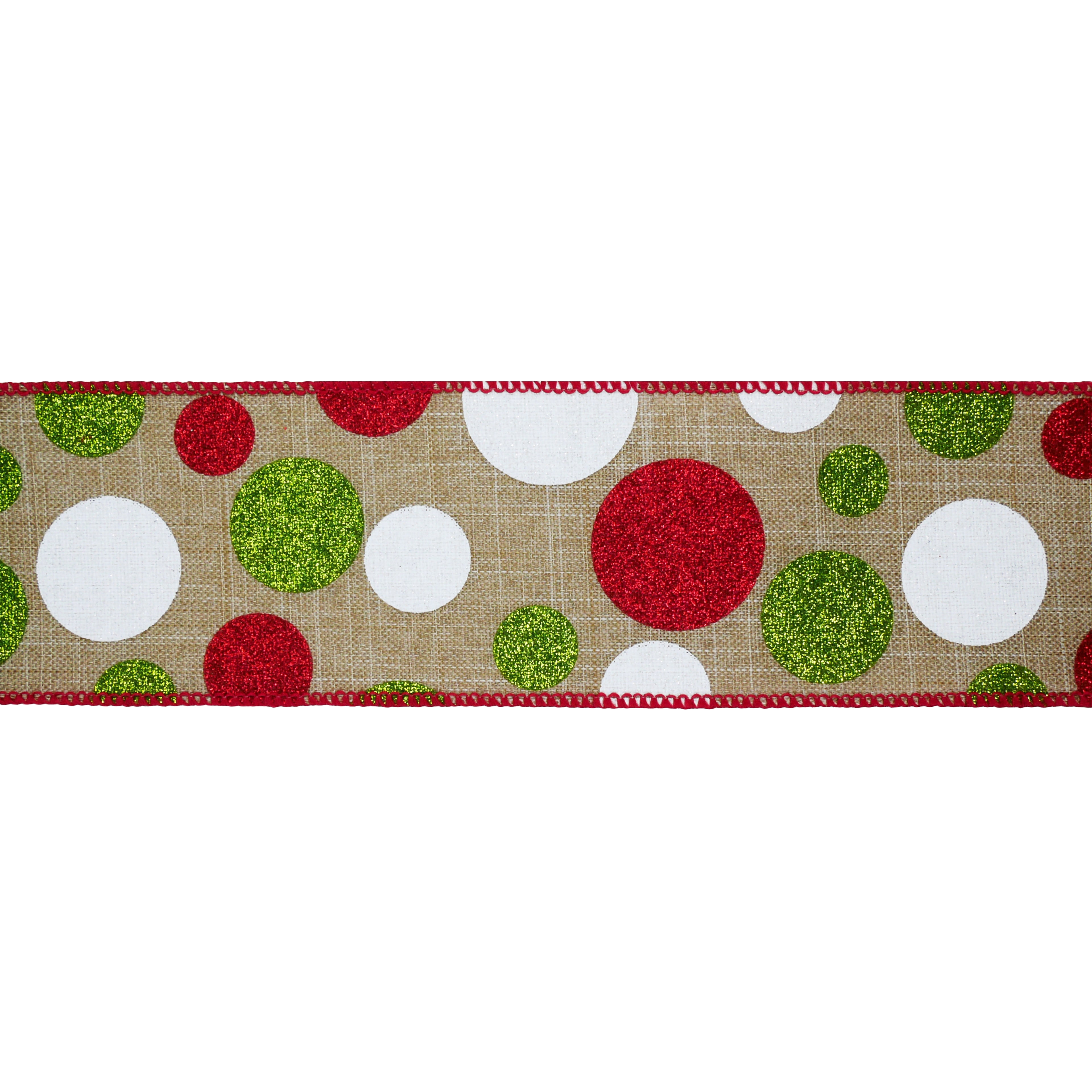 2.5" x 26.6yd. Green, Red & White Polka Dot Faux Linen Wired Ribbon by Celebrate It® Christmas - Christmas Ribbon for Home Decor and Crafting
