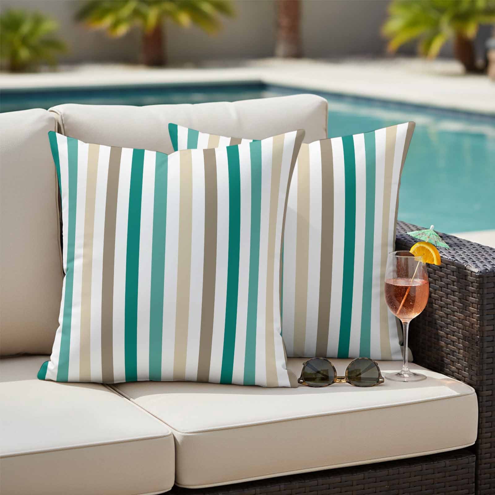 Teal Brown Stripe Outdoor Waterproof Pillow Covers, Gradient Geometric Vertical Striped Decorative Square Throw Pillowcase Sofa Cushion Sham for Patio/Couch/Chair, 18"x18" 2 Pack