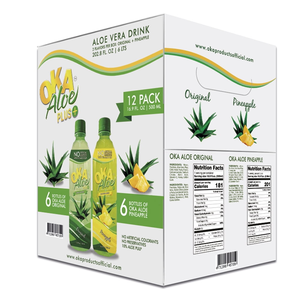 Oka Aloe Plus Aloe Vera Drink, Original/Pineapple, 12 16.9 Fluid Ounce Bottles