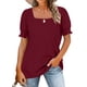 thumbnail image 3 of Blusa de mujer con cuello cuadrado y fruncido, manga corta abombada, Color puro, fibra de poliéster, Top para citas, rojo vino XL, 3 of 5