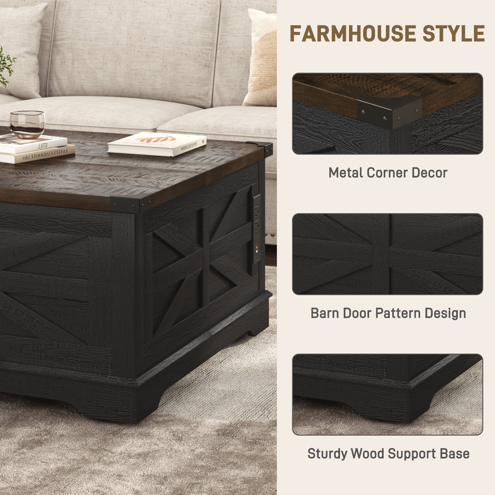 ANPOO 36" Movable Lift Top Coffee Table with Storage & Power Outlets, Farmhouse Square Coffee Table w/Wheels & Large Hidden Space, Wooden Center Table for Living Room(Black/36")