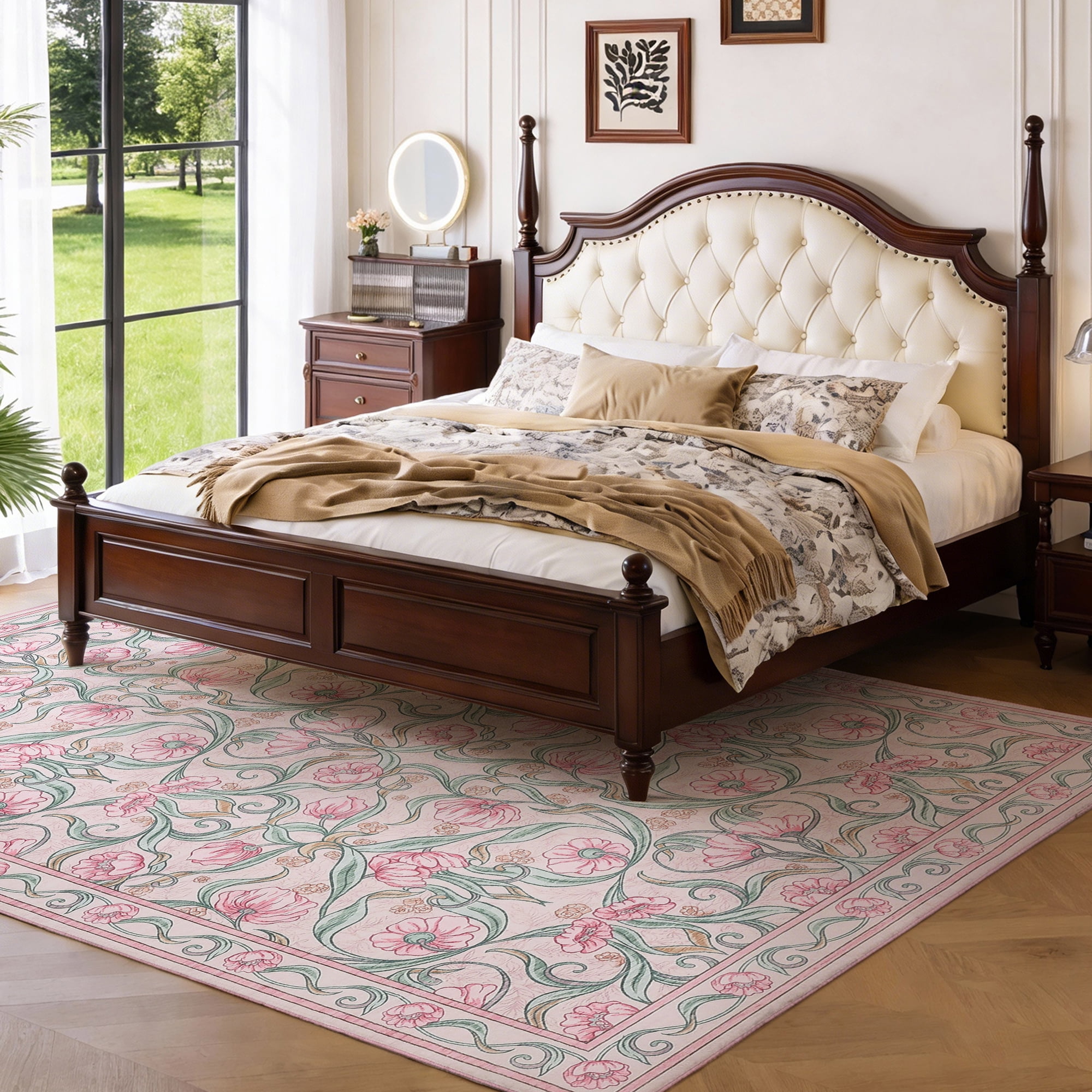 Memoryfield Modern Floral Area Rug 10' x 13', Washable Floor Cover, Soft Low-Pile Non-Slip Carpet, for Living Room Bedroom Dining Room, Pink