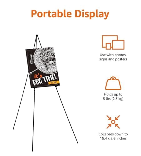 Lightweight Collapsible Portable Easel Display Stand with Tripod Base, Instant Floor Poster Holder for Art, Signage, and Presentations, Supports Up to 5 Pounds, Black Steel Frame