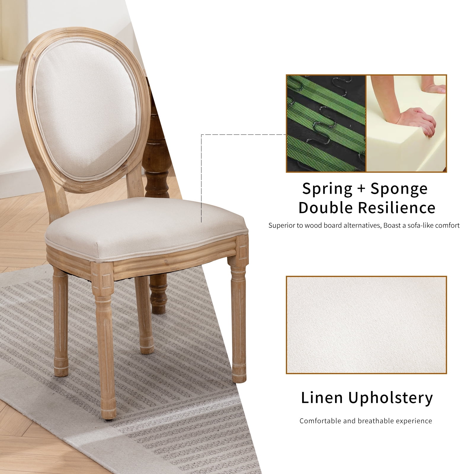 French Country Dining Chairs Set of 6, Cream Kitchen & Dining Room Chairs Set of 6, Ivory Linen Upholstered Dining Chairs, Wood Legs, Sillas De Comedor (Fabric, Beige, 6Pcs)