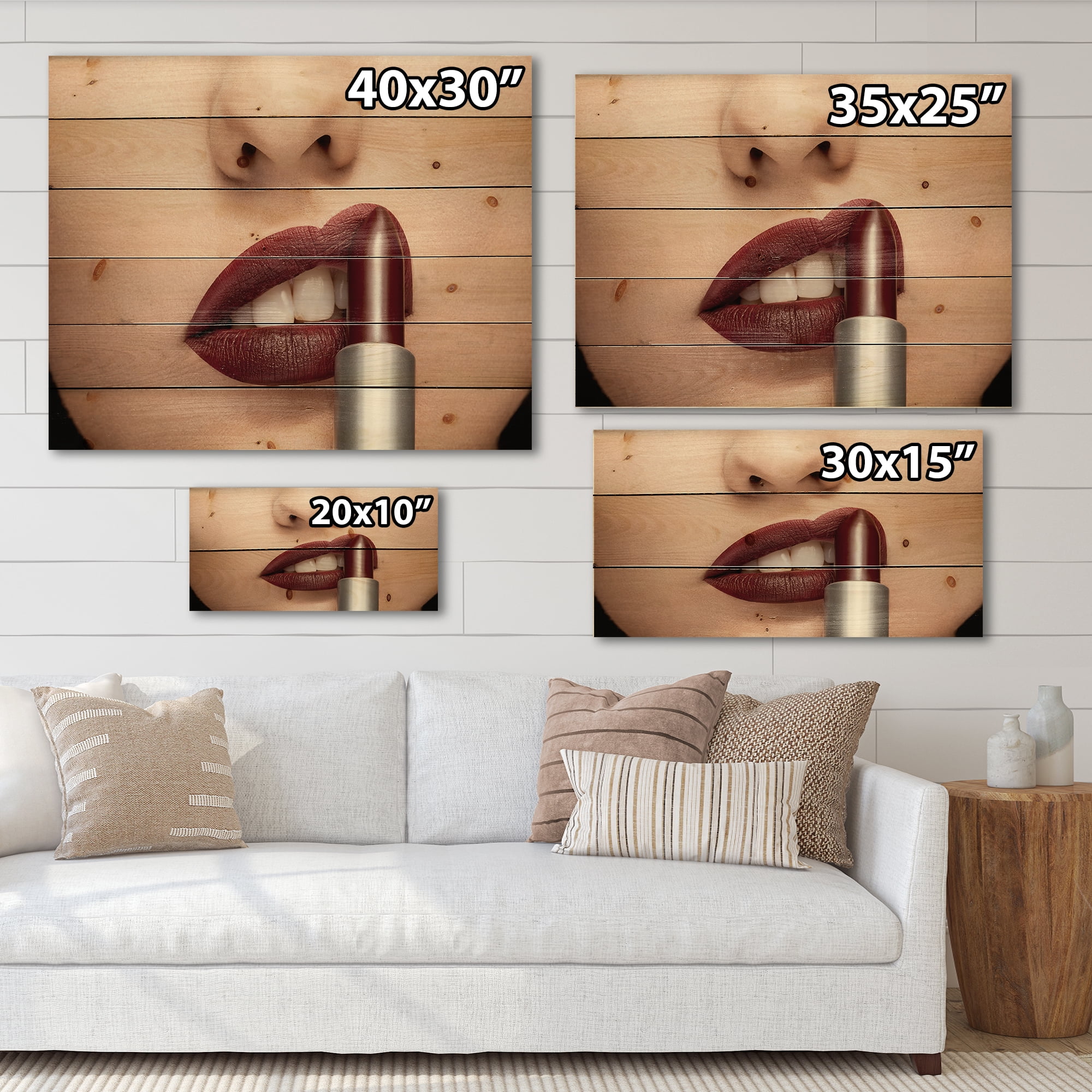 Designart 'Woman Applying Red Lipstick On Lips II' Modern Print on Natural Pine Wood