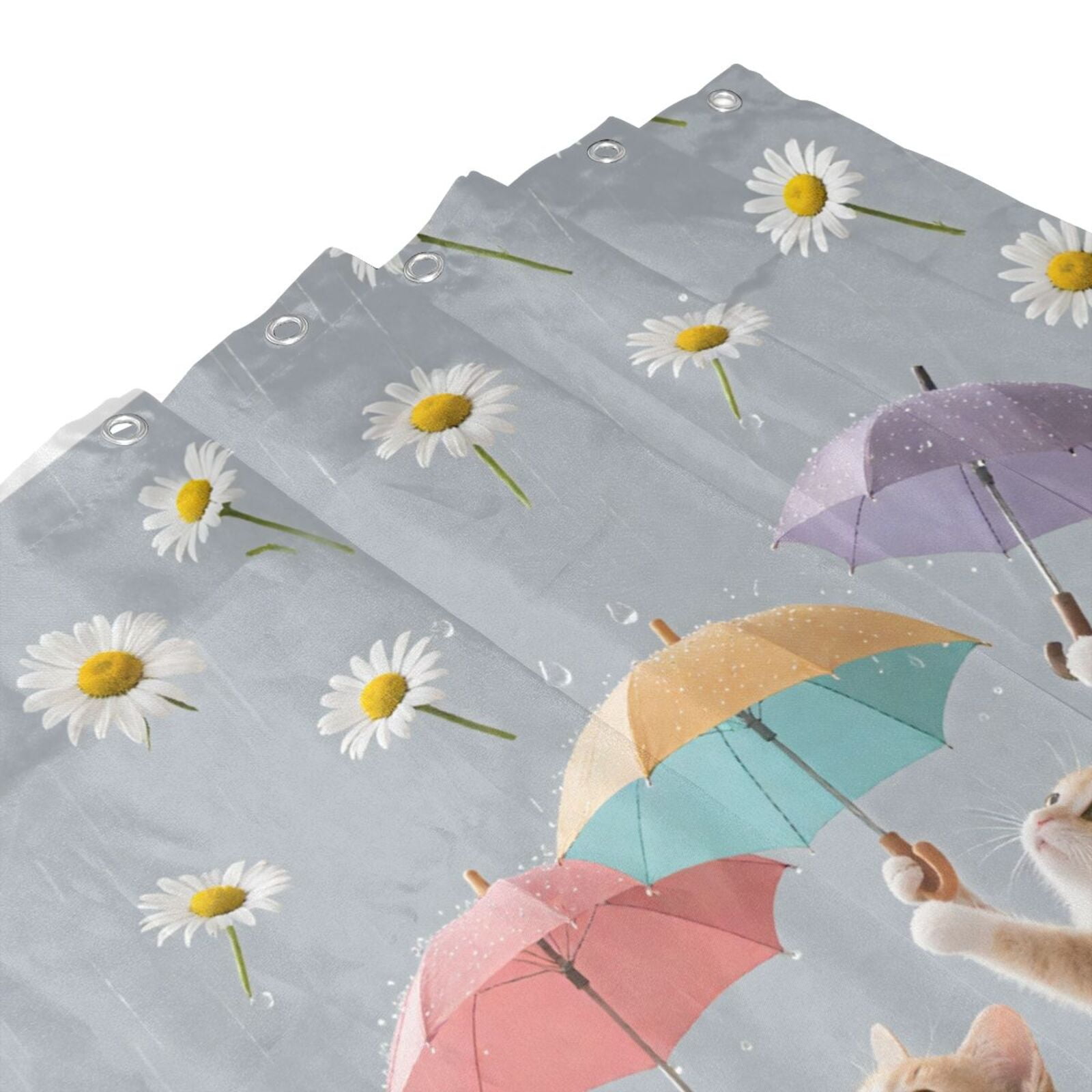 HVEST Cute Funny Cat Shower Curtain with Umbrella and Daisy Flower Design - Cute Animal Bathroom Decor, Waterproof Polyester Fabric, Includes 12 Hooks, 72x78 Inches