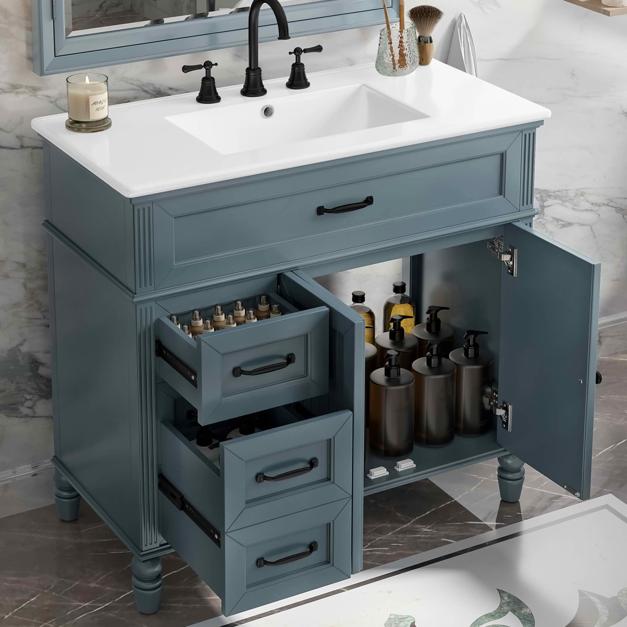 MAYEERTY 36" Bathroom Vanity with Sink Blue Cabinet Drawers Solid Frame MDF One Package