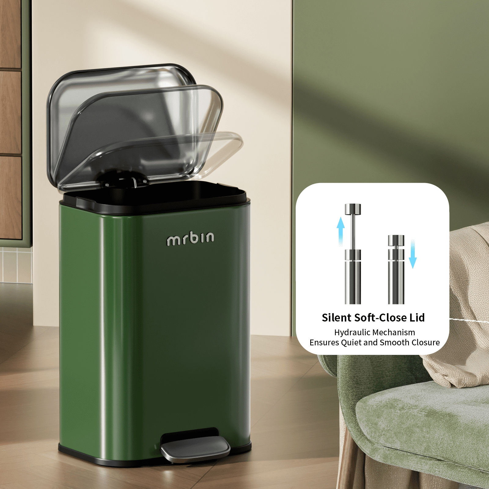 Mrbin Bathroom Trash Can with Lid, Metal Step Kitchen Waste Basket Touchless Soft Close, 20L / 5.2gal Rectangle Garbage Bucket with Stainless Steel Pedal for Office, Bedroom Accessories, Green