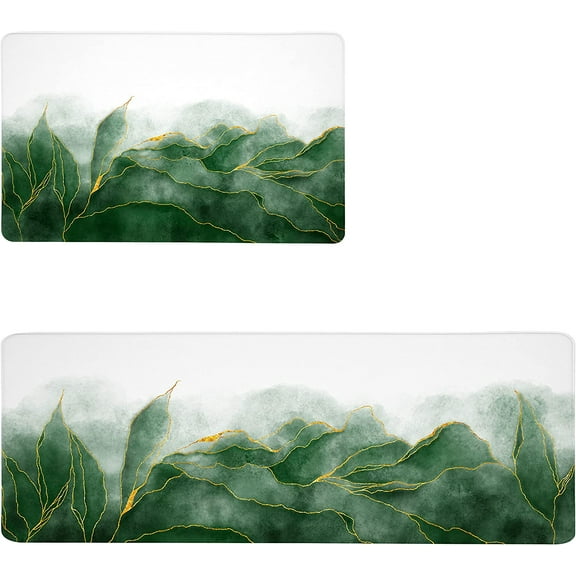 Green Kitchen Mat Set of 2 Marble Thick Kitchen Rugs Anti Fatigue Mats Standing Cushioned For Floor Waterproof Leather Padded Non Slip Runner Decor for Sink ,17.3" x28" 17.3" x 47",Green Gold