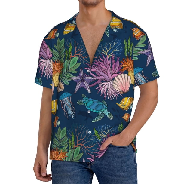 Fotbe Undersea Animals Camisa Estampada de Manga Corta para Hombre, Casual de Verano, Estilo Playero, Sin Arrugas-X-Large