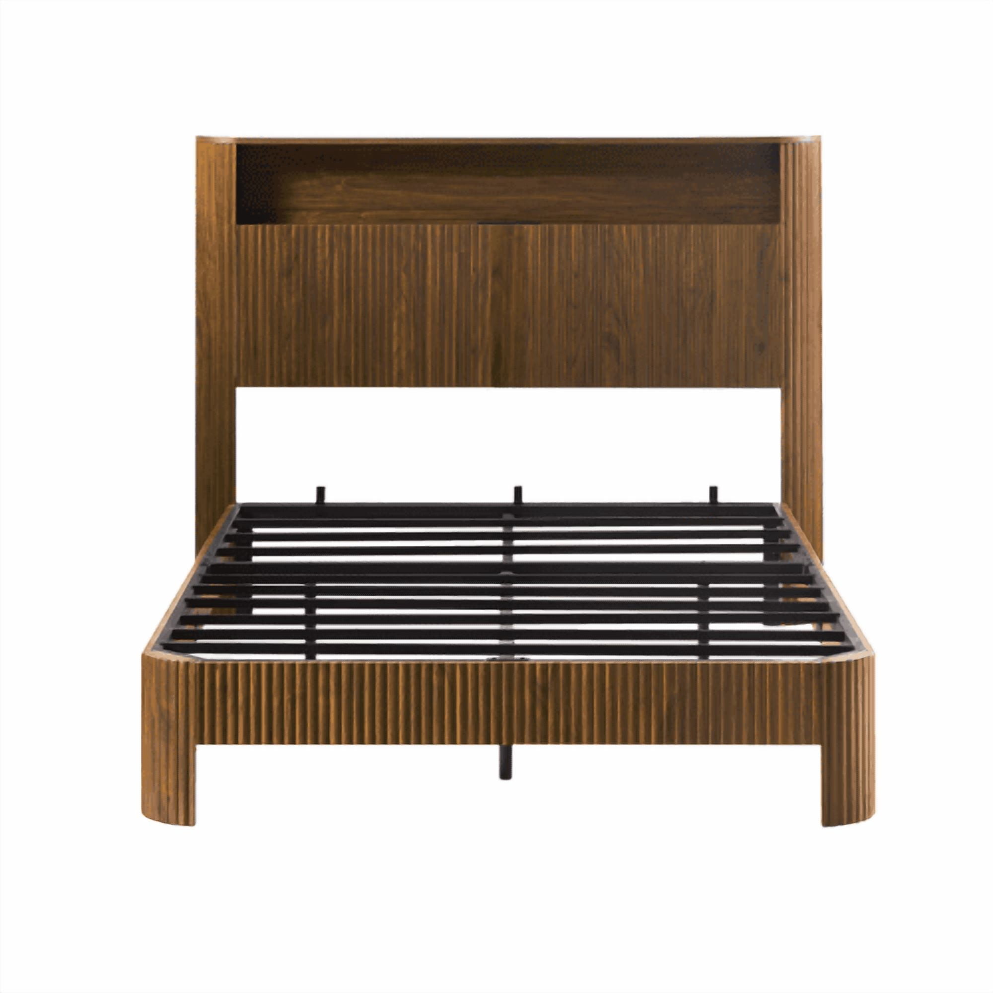 Full XL Bed Frame with Storage Headboard & Built-in Charging Station - Modern Wavy Design, Silent Metal Support, Walnut Finish, Farmhouse Bed