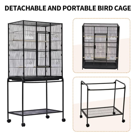Spacious Flight Bird Cage with Rolling Stand & Storage Shelf - Durable Wrought Iron Parrot Home - Easy Clean, Ideal for Parakeets, Cockatiels, Conures, Lovebirds, Cockatoos - Black, Medium/Large